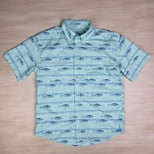 Huk Fish Print Vented Short Sleeve Button Down Shirt Green Size Small‎